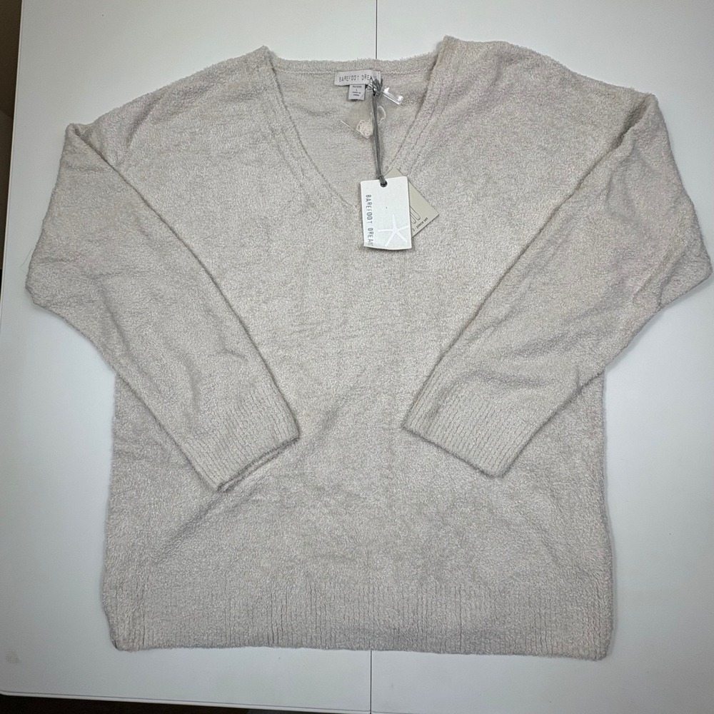 Barefoot Dreams CozyChic Lite‎ Petite L V Neck Long Sleeve Sweater Oatmeal